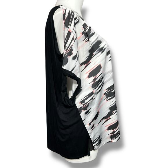 Rebel Womens Blouse Top Shirt Cold Shoulder Abstract Print Black White Pink 2X - Picture 2 of 10